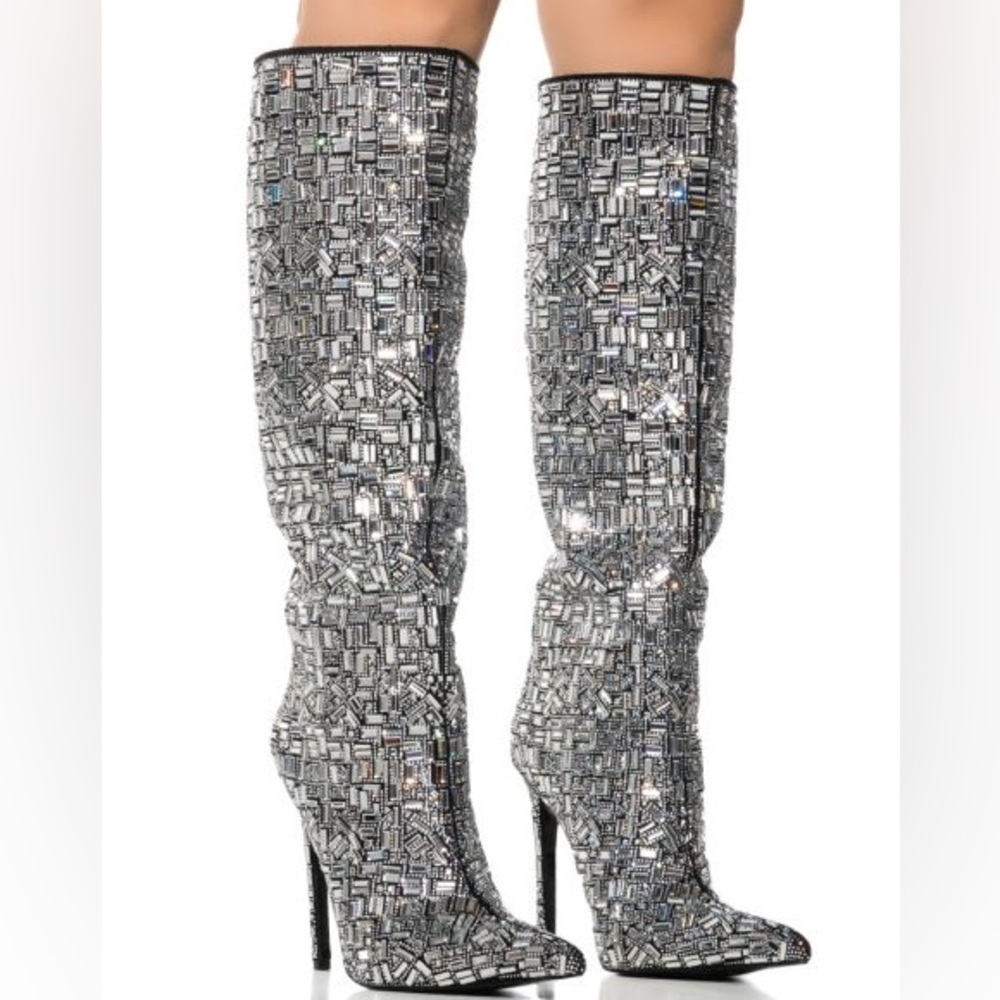 AZALEA WANG Silver Embellished Rhinestones Vegan Suede Knee High Boot